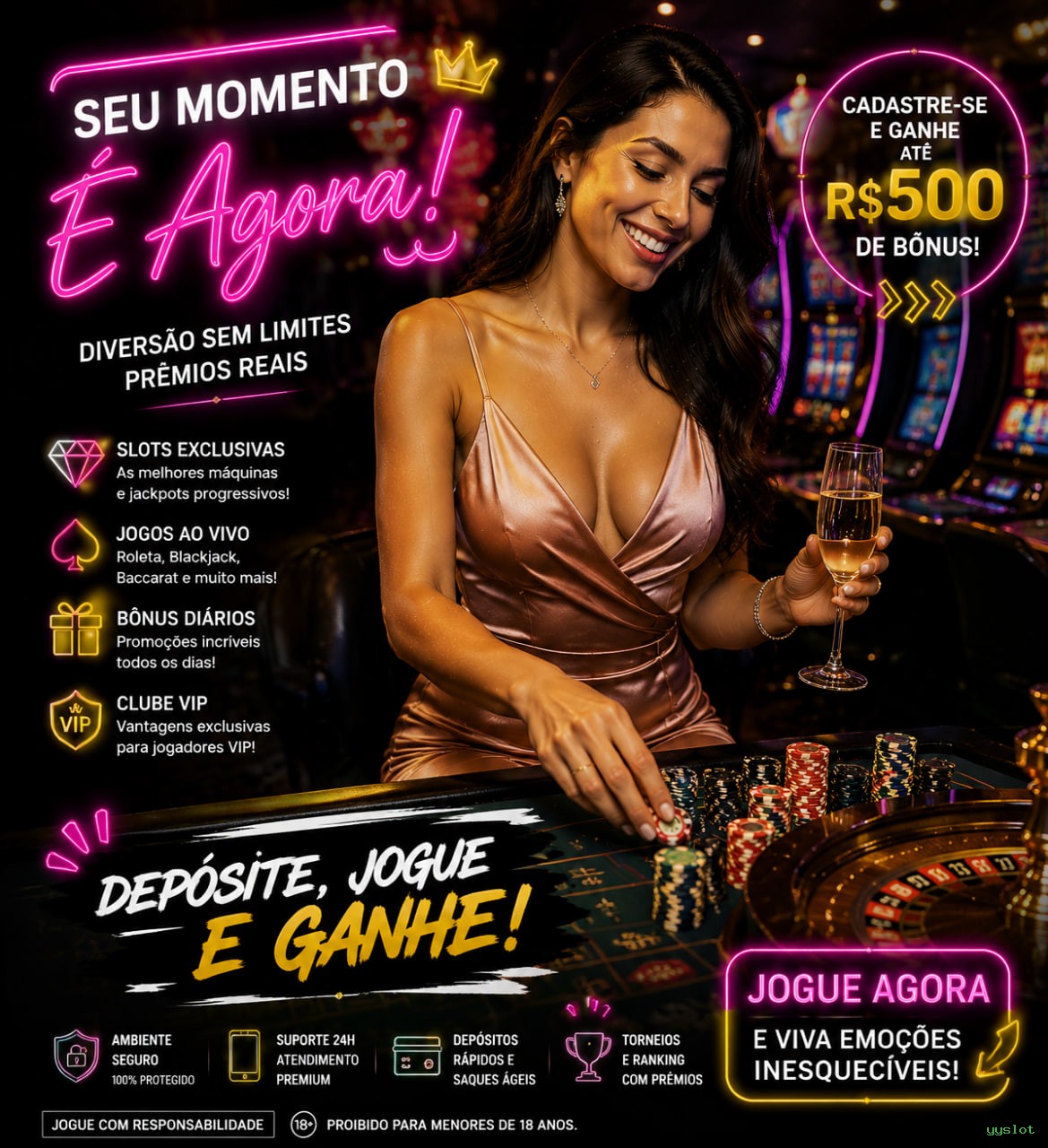 Imagem promocional da yyslot mostrando a plataforma e suas vantagens